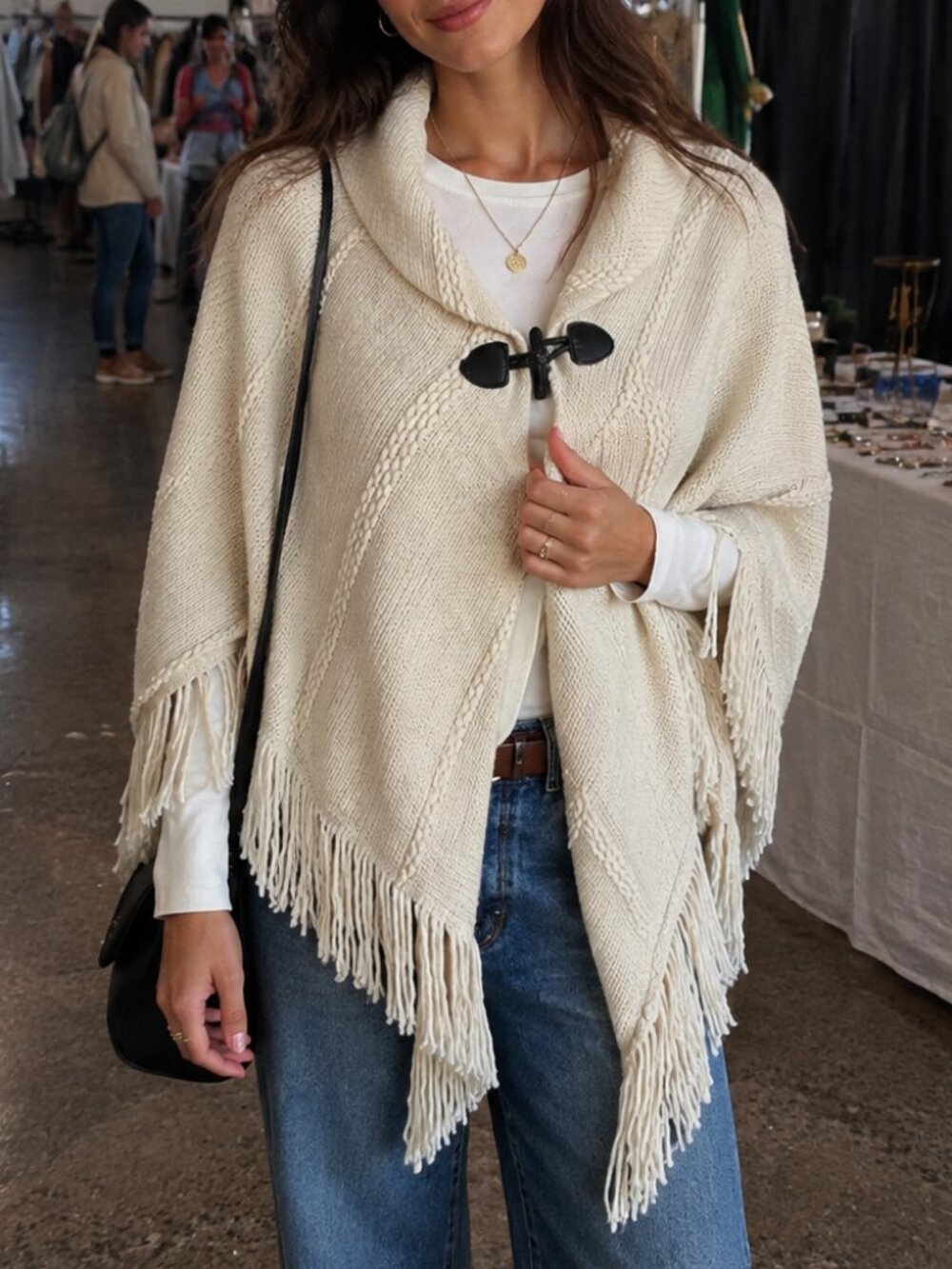 Charter Club Cable Knit Toggle Poncho Cape Cream Fringe Shawl Collar Wrap OS